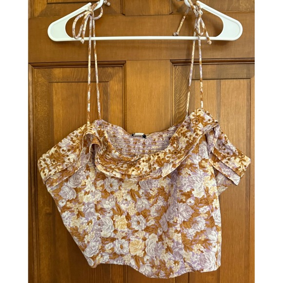American Eagle Festival Crop Top Womens XXL Brown Floral Eyelet Shoulder Tie - Picture 12 of 13